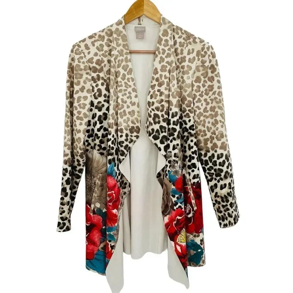 Chico’s suedes draped jacket leopard floral print beige and red size medium